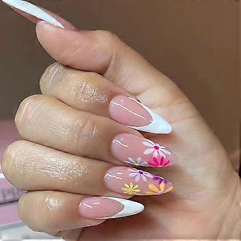 French tip press nails colorful flower false nails almond shaped spring false nails cute daisy design pink nails medium length women false nails 24 pi