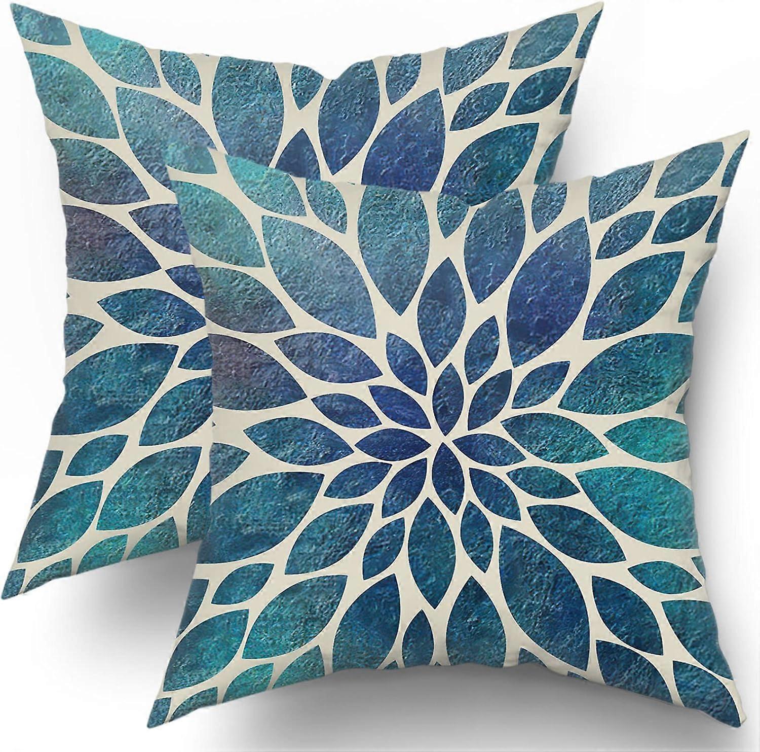 Spring Teal Dahlia Pillow Covers 18X18 in Navy Blue Teal Floral Couch Pillow Cases Modern Abstract Throw Pillows Set of 2 Summer Home Decor for Living