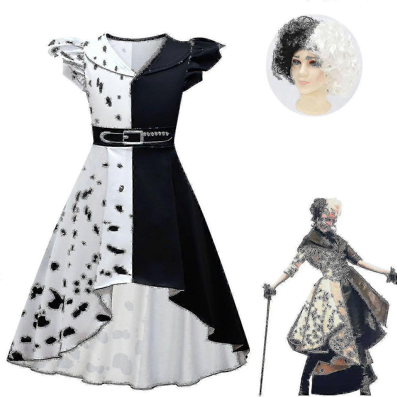 Cruella Cosplay Costume Ragazze Vestito Halloween Carnevale Party Costume Con parrucca 150cm