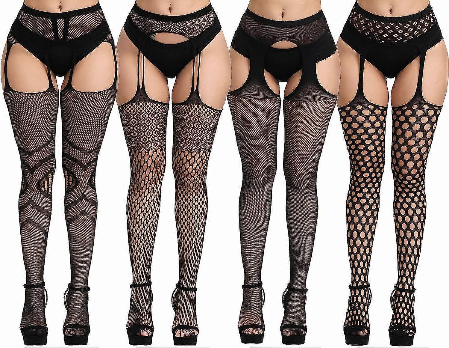 4er-Pack Plus Size Schwarze Netzstrümpfe - Oberschenkelhohe Strümpfe mit Strumpfhose