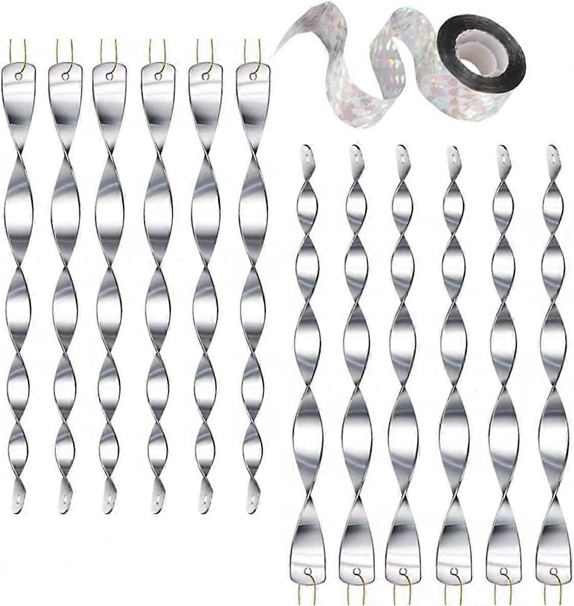 12 Pcs Bird Repellents, 50M Bird Repellent Strip, Luminous Spiral Reflective, Repellent Reflectors for Balcony, Fruit Trees, Vegetable Garden