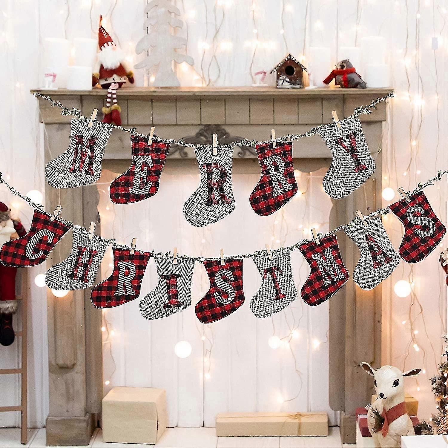 Merry Christmas Banner, Plaid Burlap Sock Shaped Christmas Bunting Banner Decoration For Fireplace Wall Tree, Great For Christmas Decorati