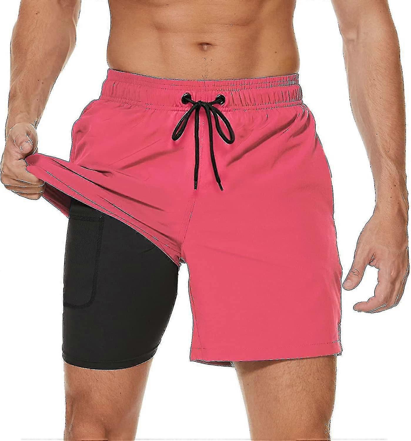 Men's Swim Trunks With Compression Liner 2 In 1 Quick Dry Mens Swim Shorts With Boxer Brief Lined Surfing Stretchy Beach Shorts With Zipper Pockets Xi