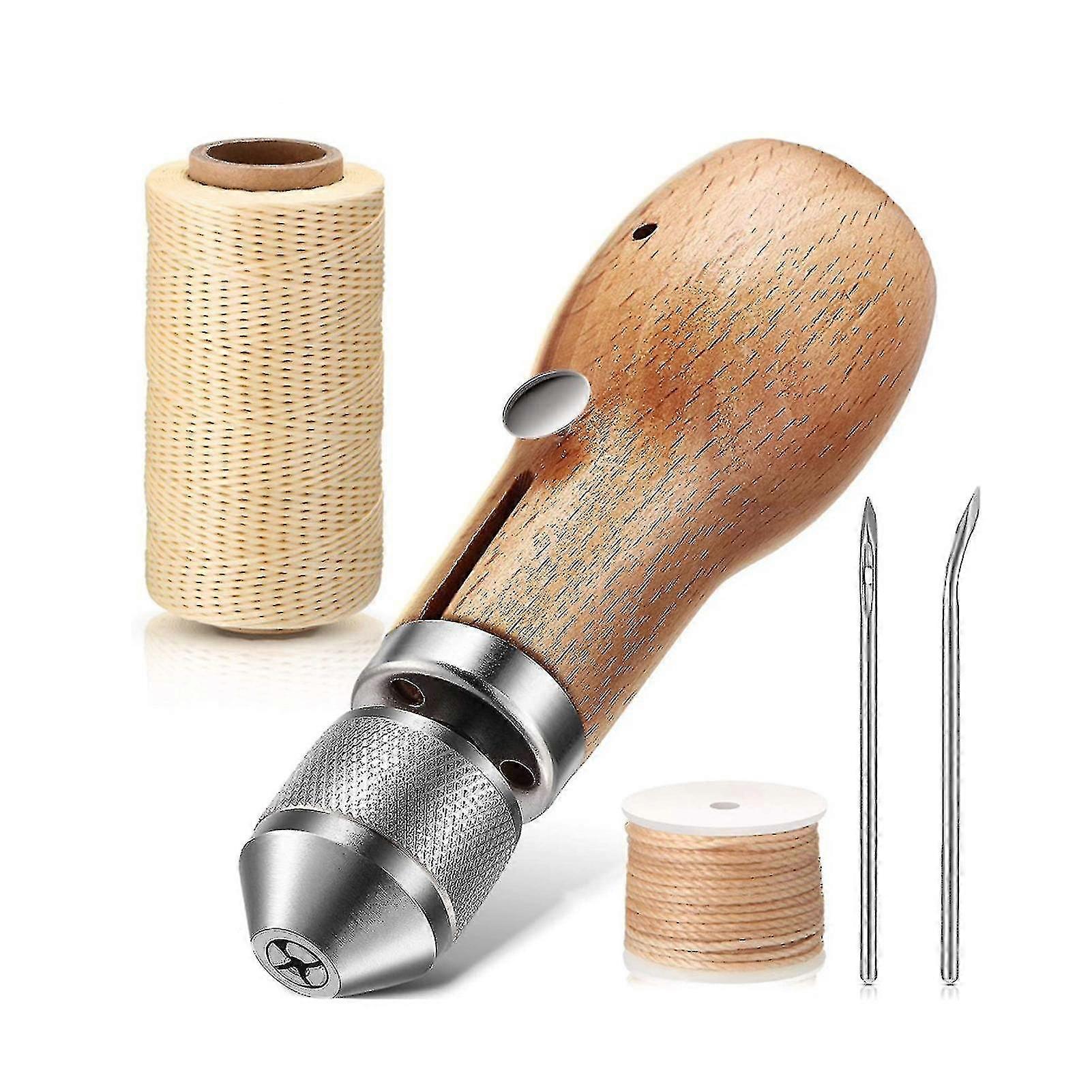 Leather Sewing Kit With 2 Needles Manual Stitcher With Wooden Handle Awl Needle Tool