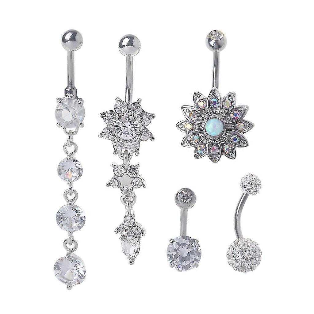 5 Pcs/Set Titanium Dangle Belly Button Ring CZ Stone Body Piercing Navel Rings