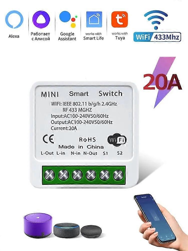 20A Tuya WiFi Mini DIY Smart Switch Module 2-way Control 433MHz Work with Tuya Smart Life App Alexa Google Home Voice Control