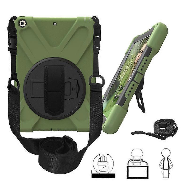 For iPad 9.7 (2018)/9.7 (2017) X-Shape 360 Degree Swivel PC + TPU Combo Kickstand Case with Hand Holder Strap and Shoulder Strap - All Black XH