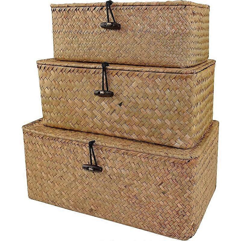 Vinterkampanj, Wicker Storage Basket, Naturlig Wicker Basket, Vävd Korg Wicker Förvaringskorg med lock Seagrass Laundry Rotting Organizer Box för 