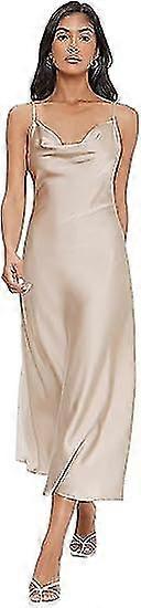 Women's Thin Shoulder Strap Heavy Pleated Collar Long Drawstring Satin Mid Length Dress