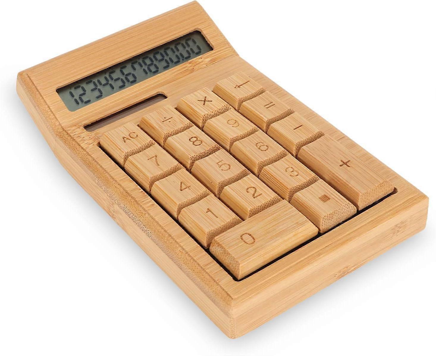 Bamboo Solar Calculator,  Bamboo Desk Calculator, 18 Keys Mechanical Calculator, Dual Power 12 Digit LCD Display, for Office Home School