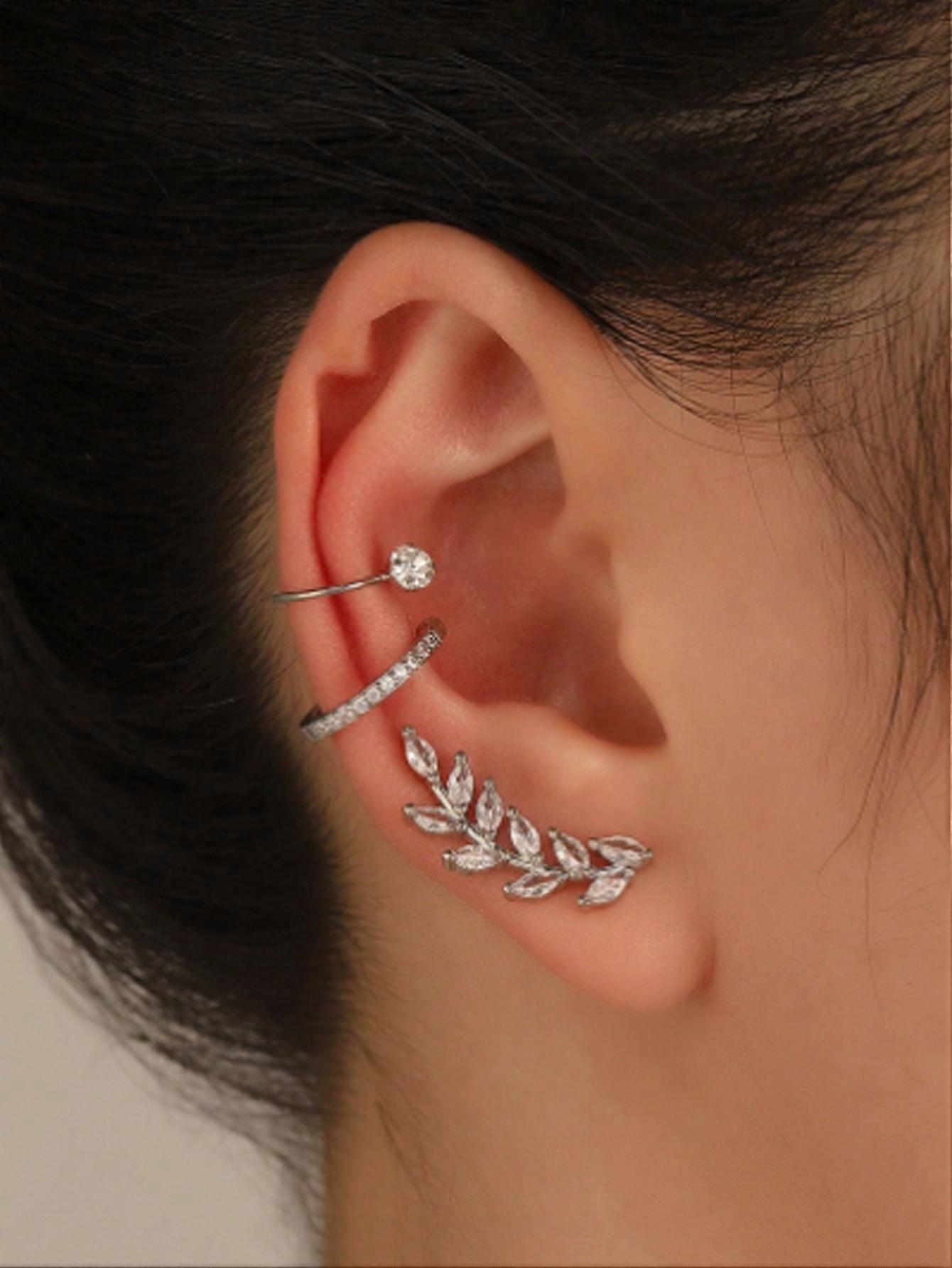 HOTNICE 3pcs Simple Cubic Zirconia Leaf Design Stud Earrings & Ear Cuffs