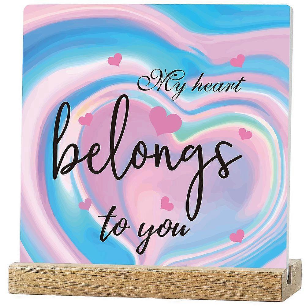 1Pc Custom Printed Ceramic Sheet Square Display Decorations with 1Pc Wooden Base Heart Pattern Ceramic Sheet: 10x10x0.7cm Wood Base: 10.2x4x2cm