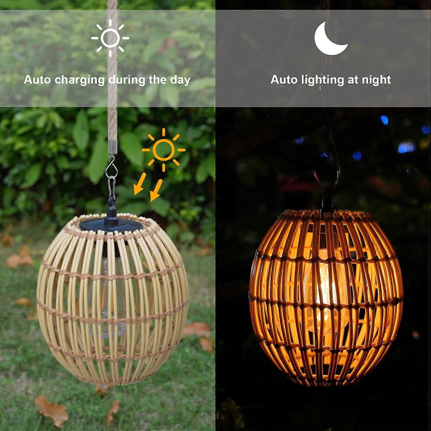 3W Solar Powered Bamboo Lantern Hanging Light with 300mAh Solar Panel IP44 Waterproof 8H Usage Time 