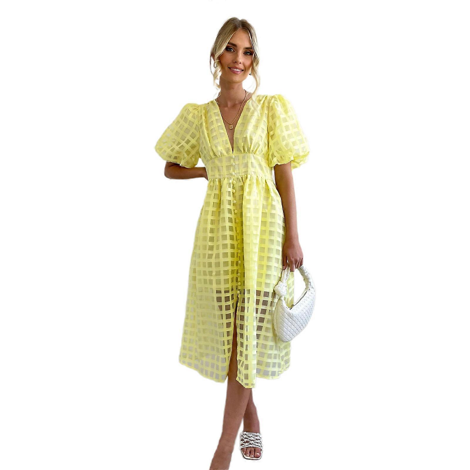 Femmes Ample Robe Tunique Décontractée Robe Lanterne Manche Bouton Vers le bas Robe Col V Volant Robe ample à plusieurs niveaux Robe fluide Jaune XL
