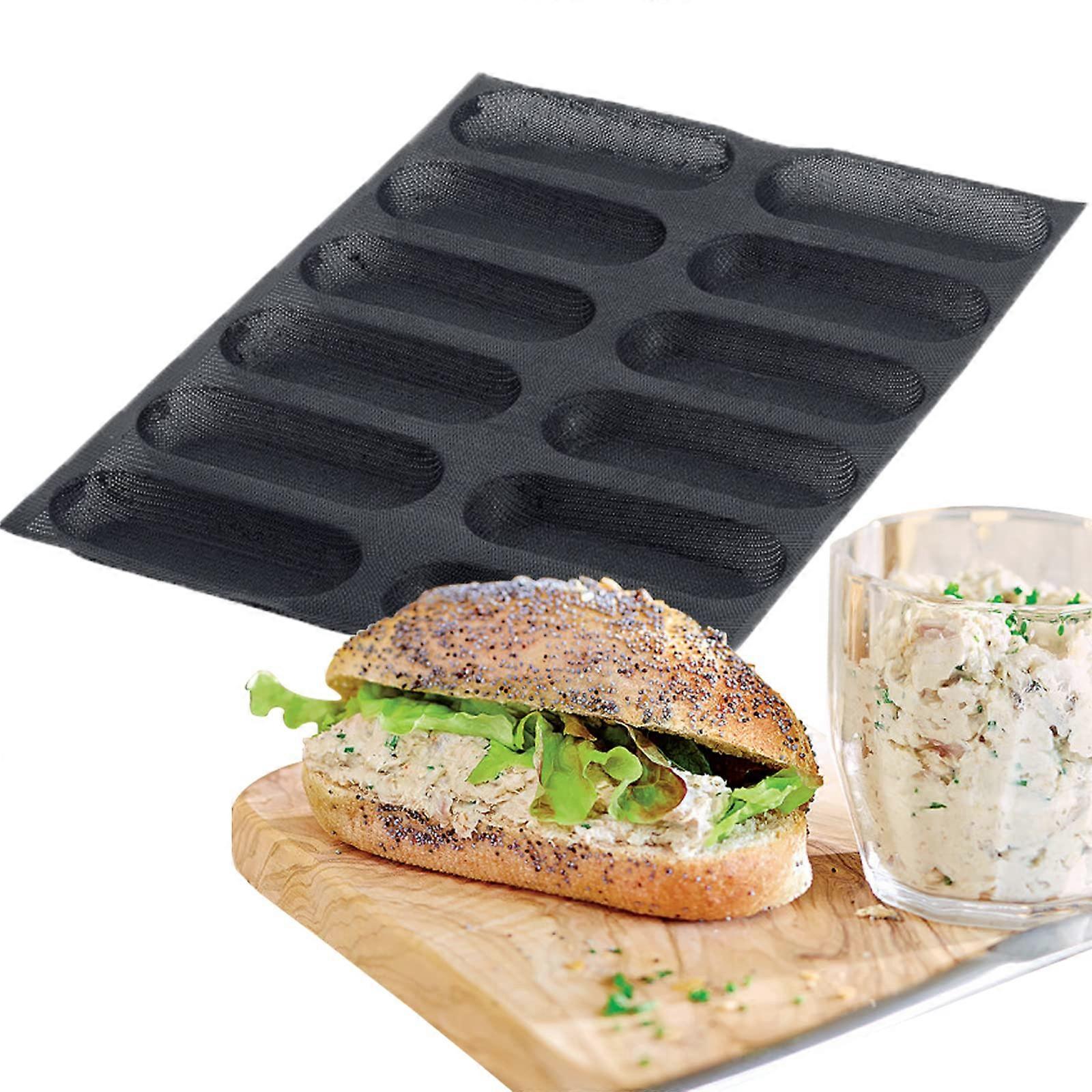 Silicone Perforated Bread Mold for Baking, 12 Oblong Hot Dog Bun Molds, Ideal for Crispy Rolls, Eclairs, and Milk Breads
