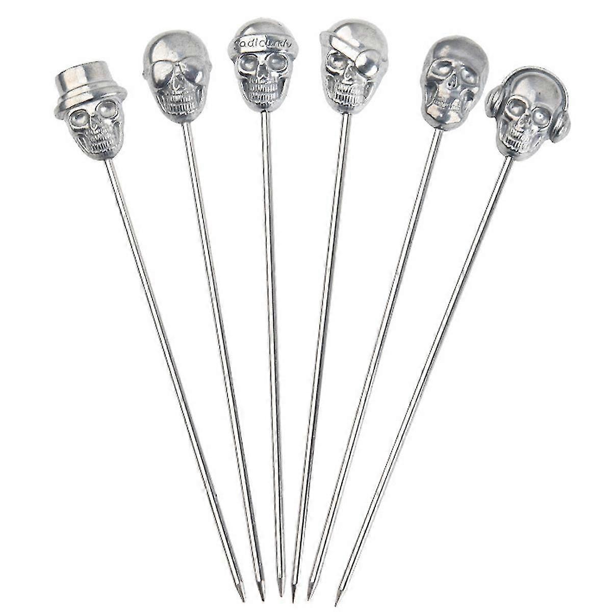 Set of 6 Stainless Steel Cocktail Picks - Reusable, Durable, Sharp Skewers for Drinks & Appetizers - Skull Design
