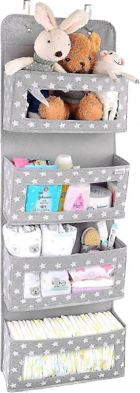 "Baby Over the Door Hanging Organizer - Unisex Space-Saving 4-Pocket Storage Solution for Closet, Children's Room, Nursery - Clear-Window Caddy"