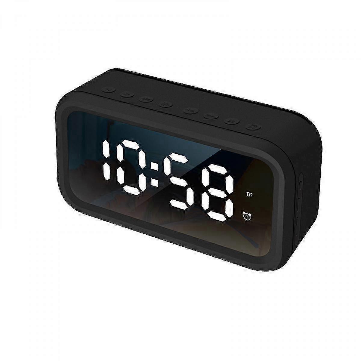 Rechargeable Alarm Clock with Bluetooth Speaker, Radio, Mirror Display, Dual Alarms - Black