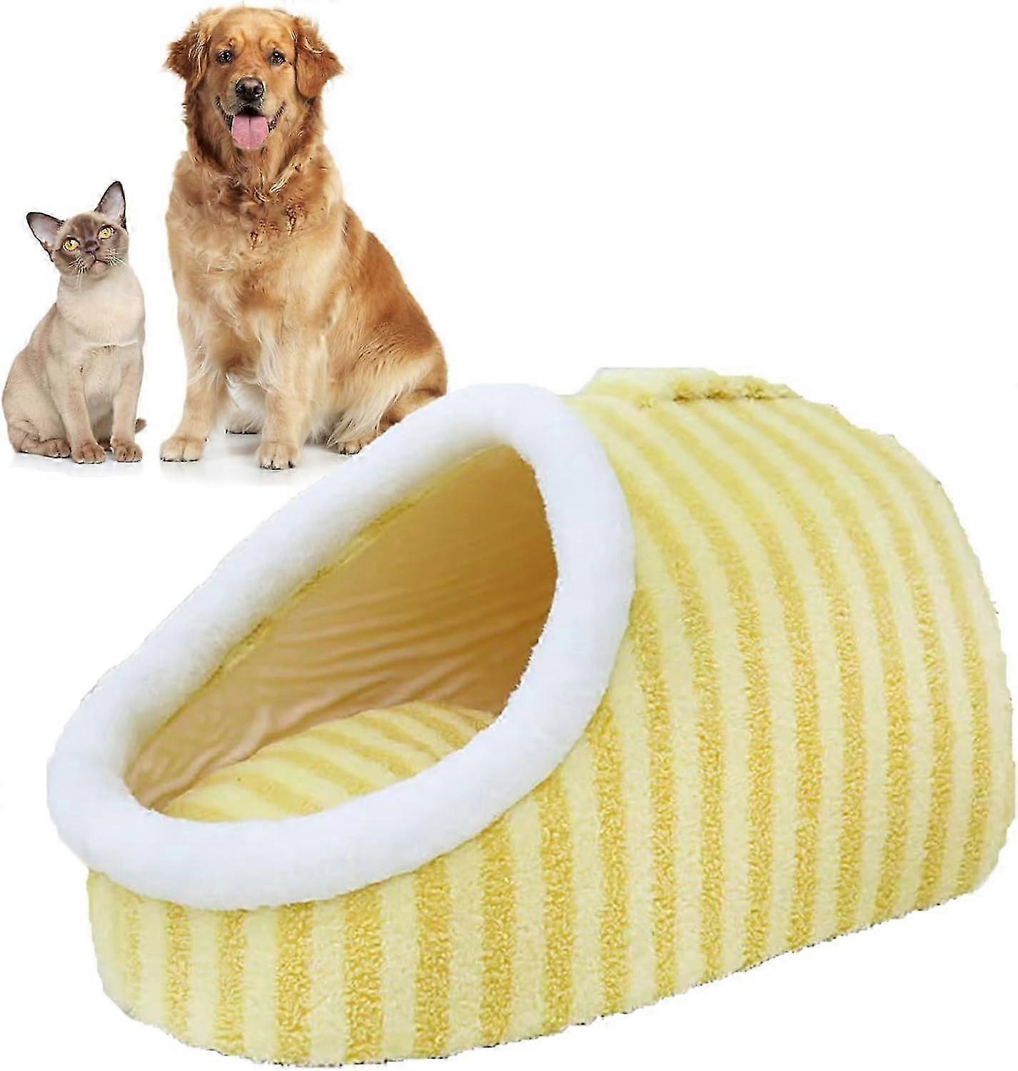 カバー付きコージーケーブドッグベッド - 黄色の暖かい隠れ家ペットスリッパベッド
