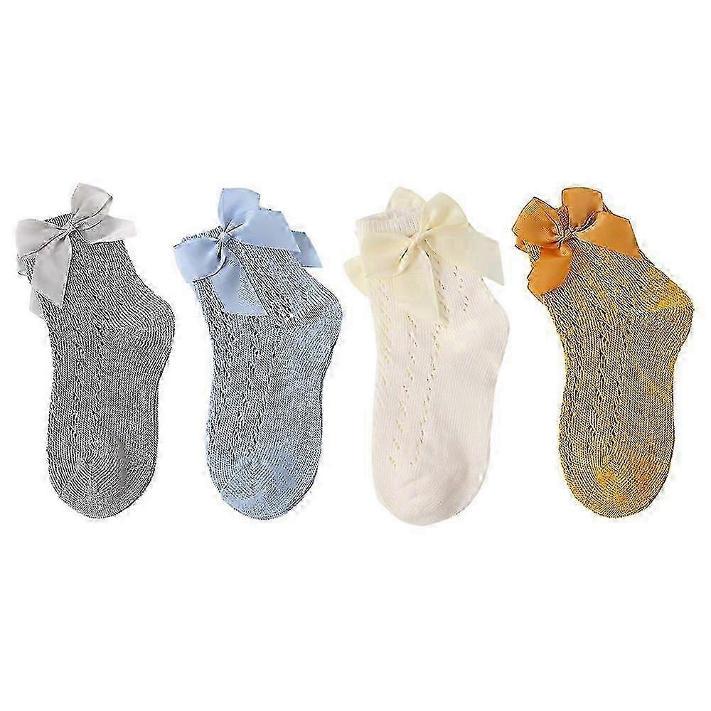 جوارب الكاحل الشبكية القابلة للتنفس للفتيات الصغيرات ، جوارب الأطفال الصغار بتصميم القوس ، مجموعة من 4 أزواج مناسبة للفتيات الصغيرات