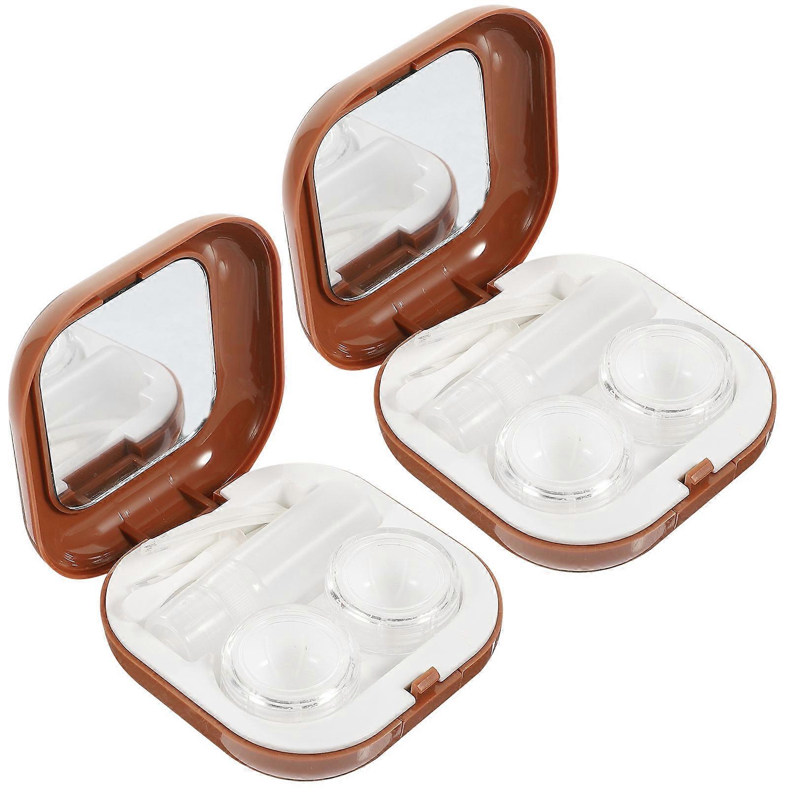 Glasses Cases Contact-Lens Box Leak-Proof Dust-Proof Sealing Storage 7.3x7.3x2.6cm Brown 2Sets