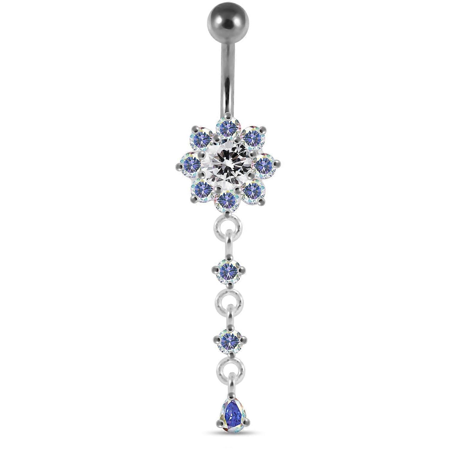 Moving Jewelled Flower Design Curved Bar Belly Ring