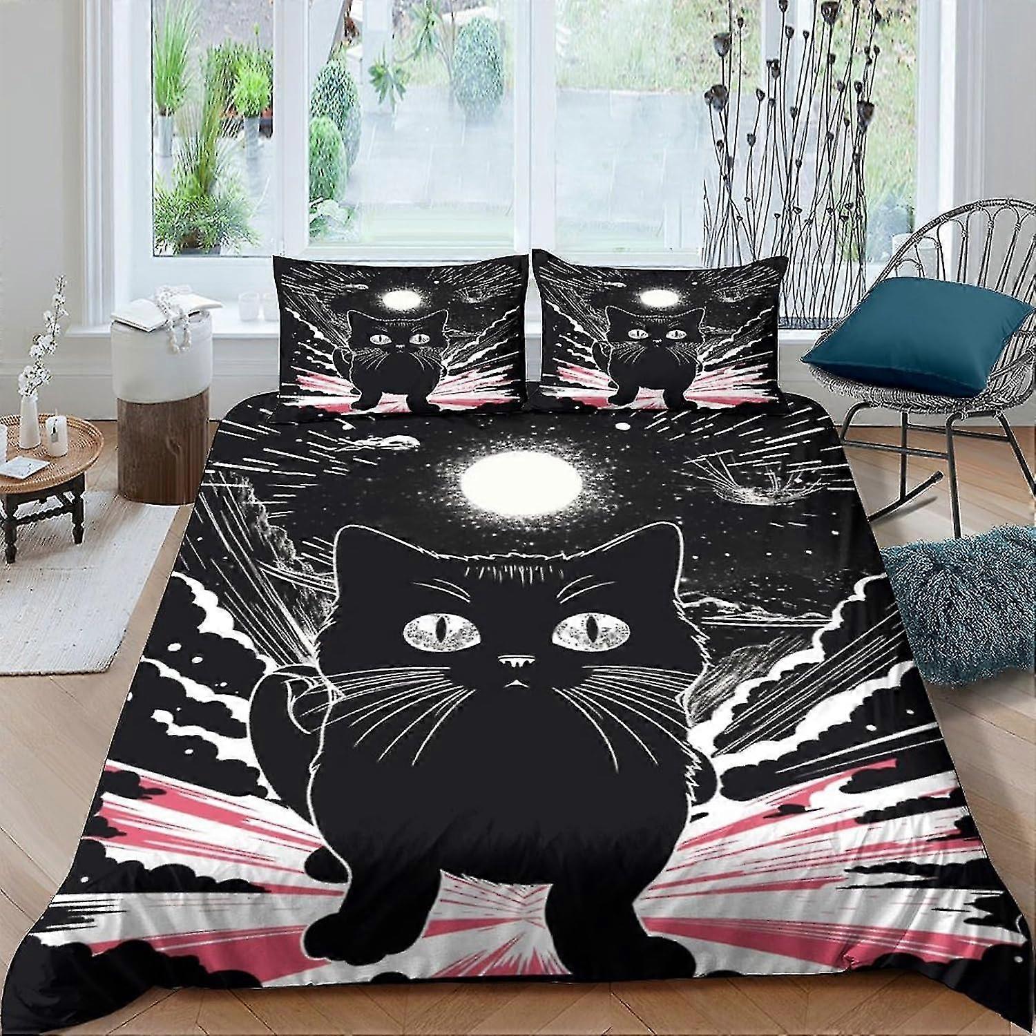 Capa de edredão de gato preto dos desenhos animados Conjunto de 3 peças Conjunto de colcha de cama macia 3D com fecho de zíper, adequado para tamanho duplo