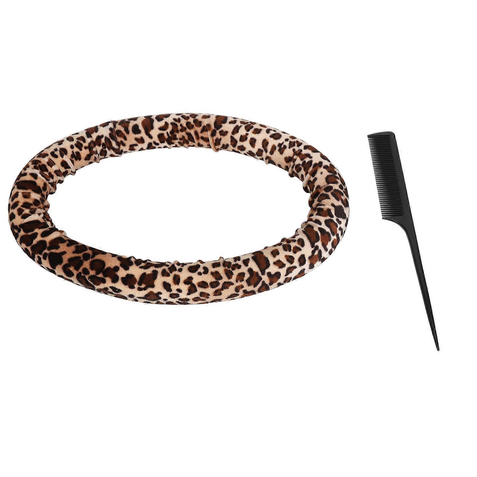 2pcs Round Heatless Curler Dual Use Heatless Curling Rod Headband Round Leopard Print Hair Rollers Styling Tool with 2 Combs