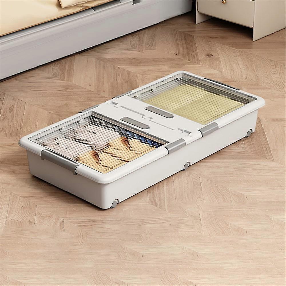 Under Bed Clothes Bedding PP Storage Box Foldable Double-Sided Lid Dustproof Organizer with Wheels, 100x50x16.5cm White