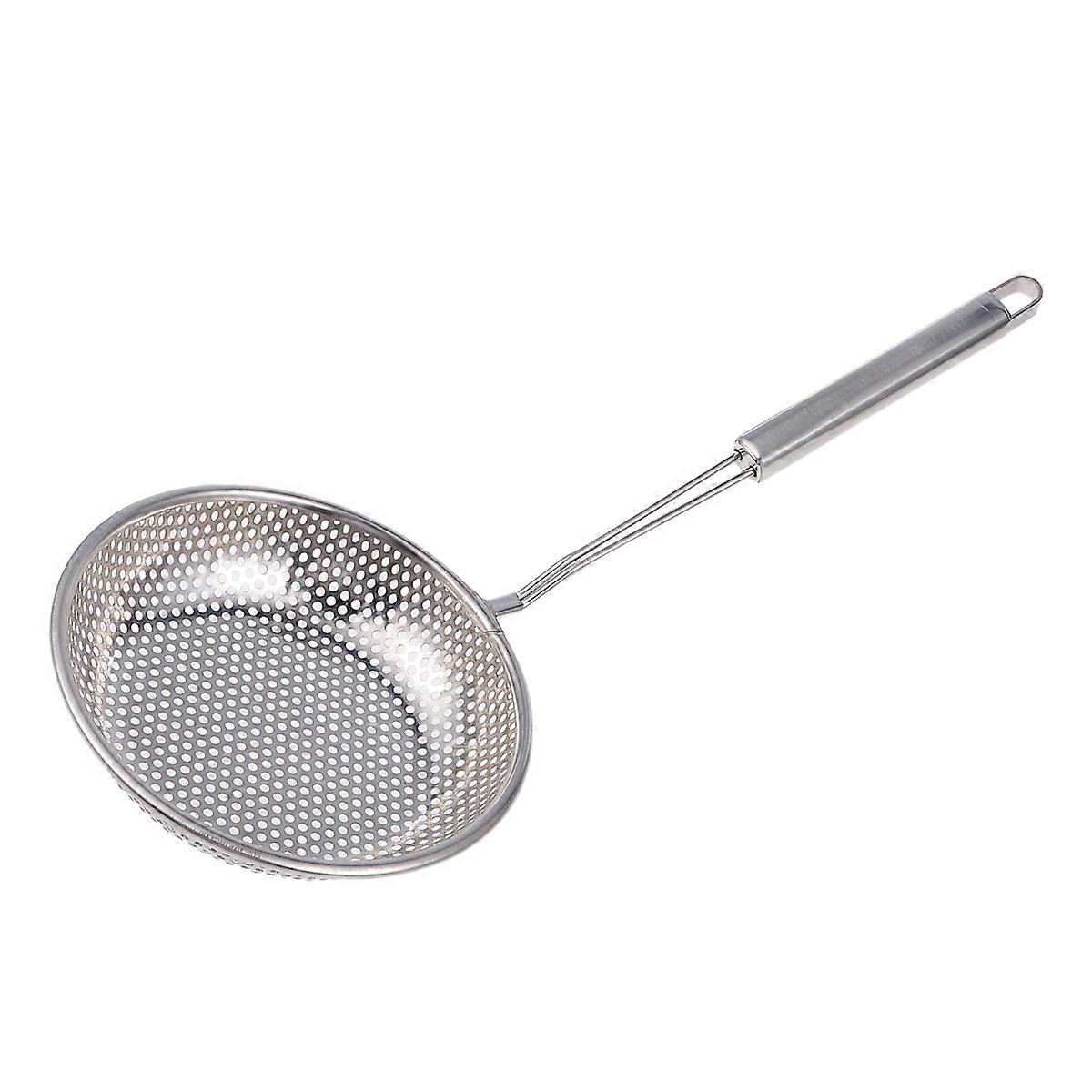 It seems like you're referring to a **stainless steel colander scoop ladle**, possibly a **large noodle scoop** used in the kitchen for sifting,