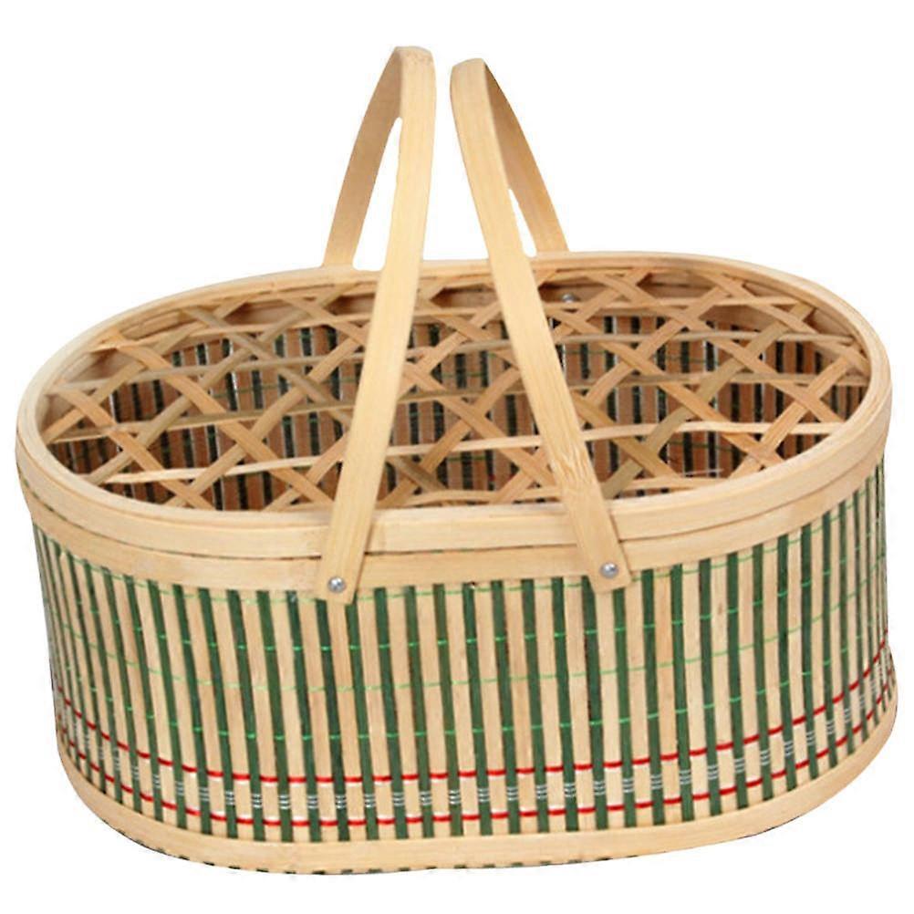 Hand-Woven Bamboo Basket Decorative Prop Easter Children Family Use Light Green Oval Shape 36x20cm 1Pack
