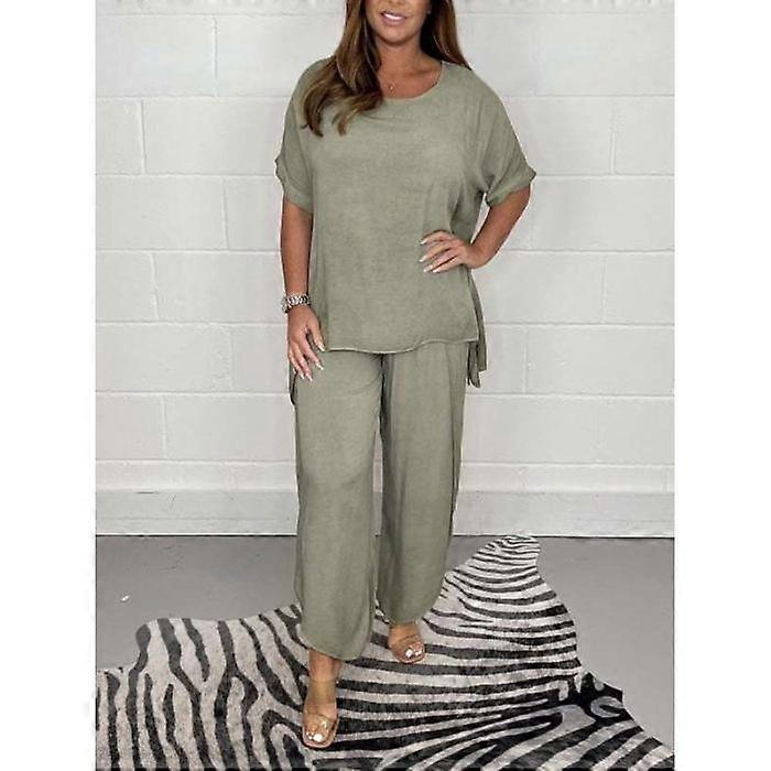 Women's set solid color loose short-sleeved round neck T-shirt casual elastic waist slit pants 2 pieces/set