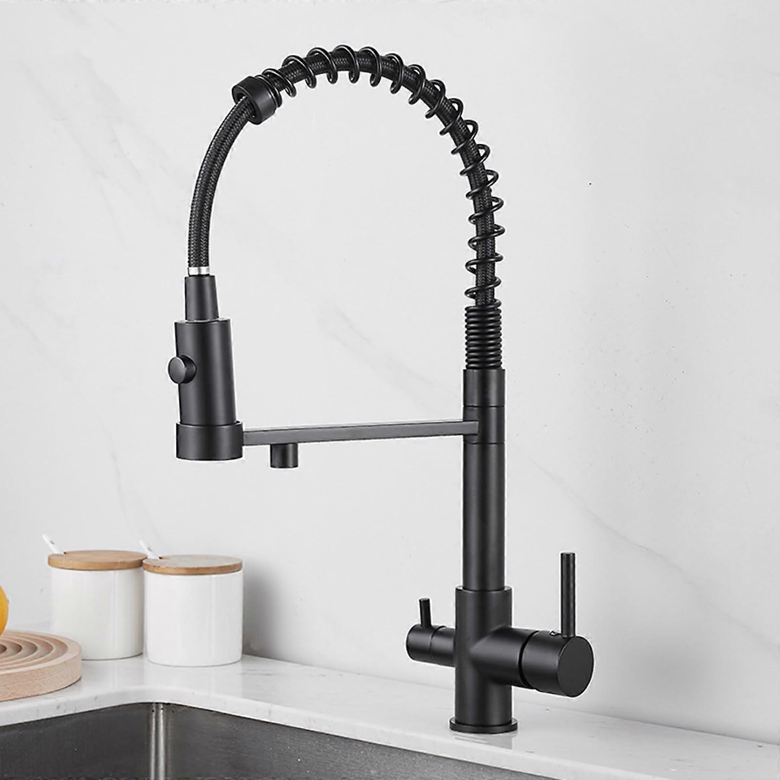 Trinkhahn 3-in-1 Kitchen Sink Faucet Black Two-Lever Mixer Tap with Pull-Out Filter 3-Way Spout 360-Degree Rotation