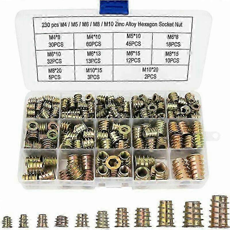 M4 M5 M6 M8 M10 Hex Nuts with Threaded Inserts, Zinc Alloy Hexagonal Threaded Insert Nuts Inserts, (230PCS)