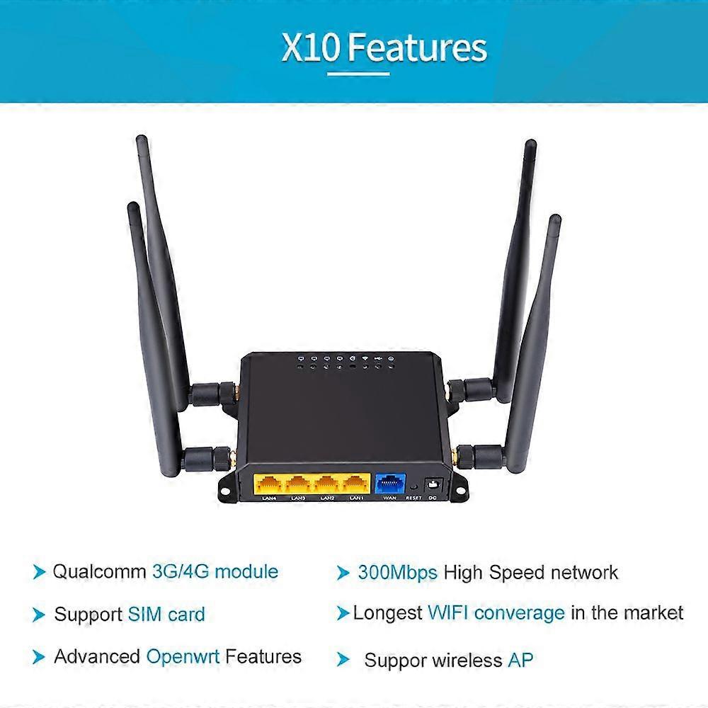 X10 4G LTE OpenWRT Smart Router Extender Hochleistungs-SIM-Karte WiFi Wireless Externes 5dbi Antennenmodem 300Mbps Qualcomm Chip CPE EU-Version