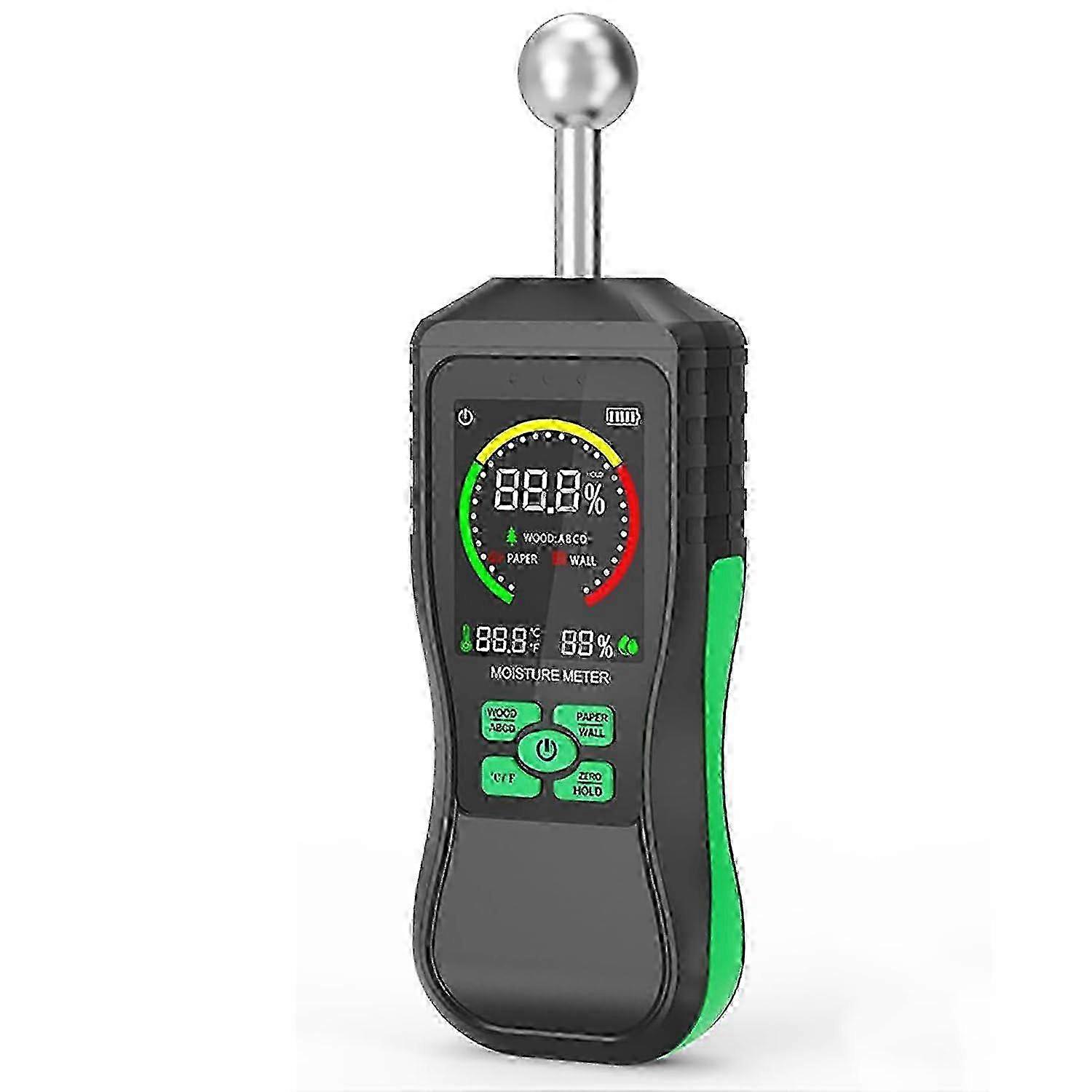 Spherical Inductive Moisture Meter, 3Color Display, Backlit LCD, Alarm, Auto Calibration