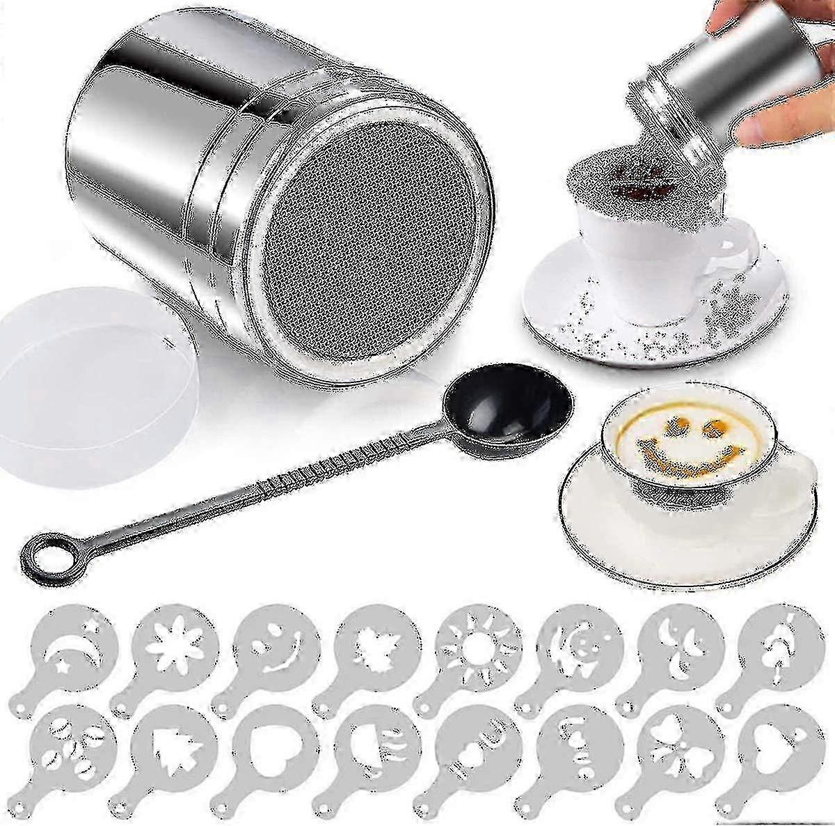 High Quality Stainless Steel Cocoa Shaker, Icing Sugar Shaker, Cocoa Shaker With Lid And 16 Coffee Cappuccino Templates For Cocoa Powder, Chocolate (