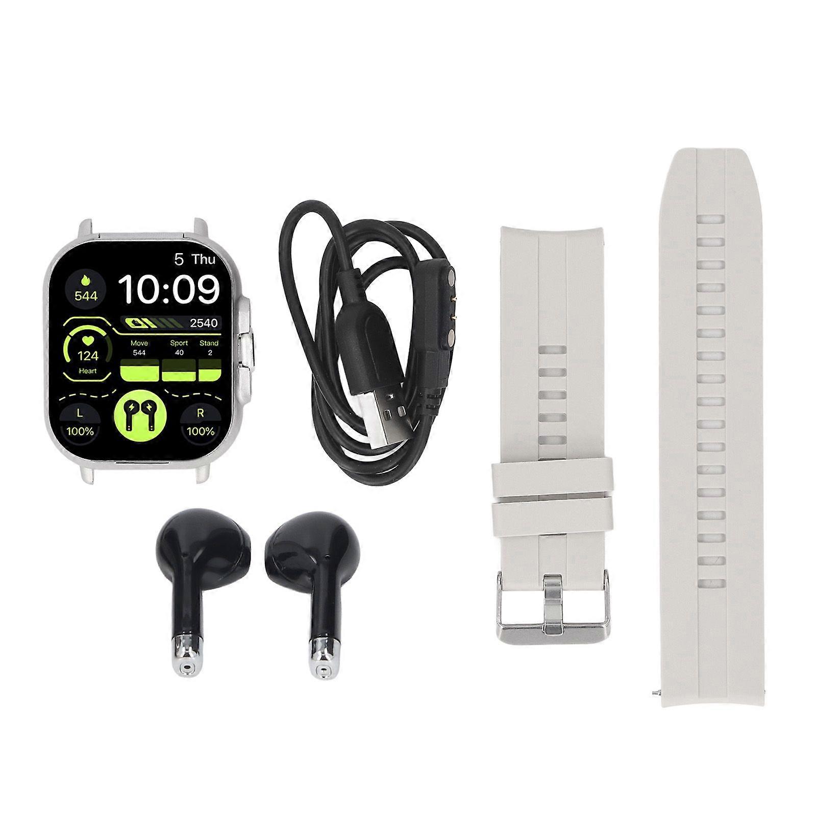 2 in 1 Smart Watch with Earbuds 2.01 Inch HD Touch Screen Bluetooth Call Fitness Tracker Sports Watch for IOS for Android Silver