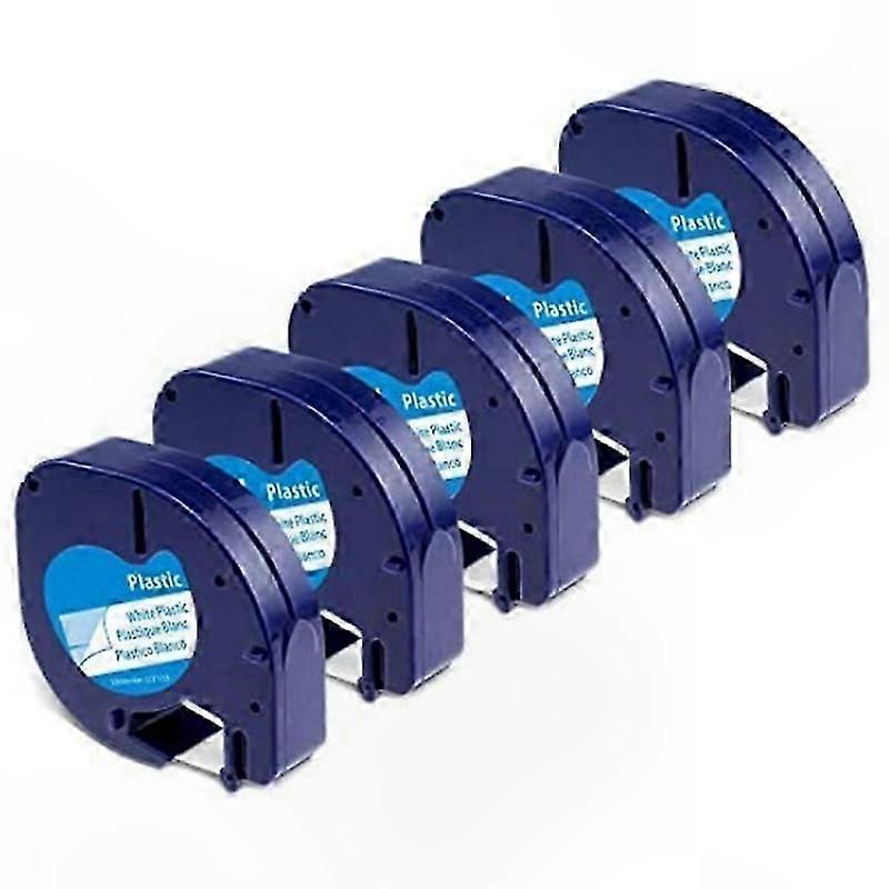 Label Maker Tape, 5-Pack Refill for LetraTag, Black on White Plastic Labeling Ribbon
