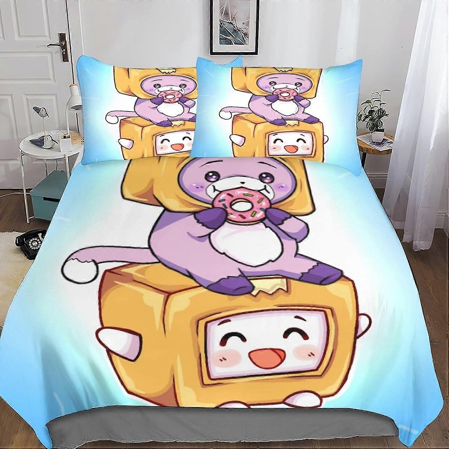 A221 Duvet Cover Set 3D Lankybox Bedding Set Microfiber Animation Comforter Cover with Pillow & Zipper,Soft 3 Pieces for Childrens And Adults Double B