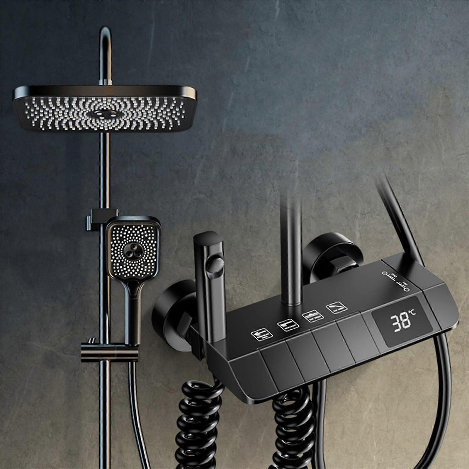 Thermostatic Shower System with LED Screen, Water-Saving Mixer Set, Handheld Shower, ABS Top Shower, Bidet Spray, Black Finish