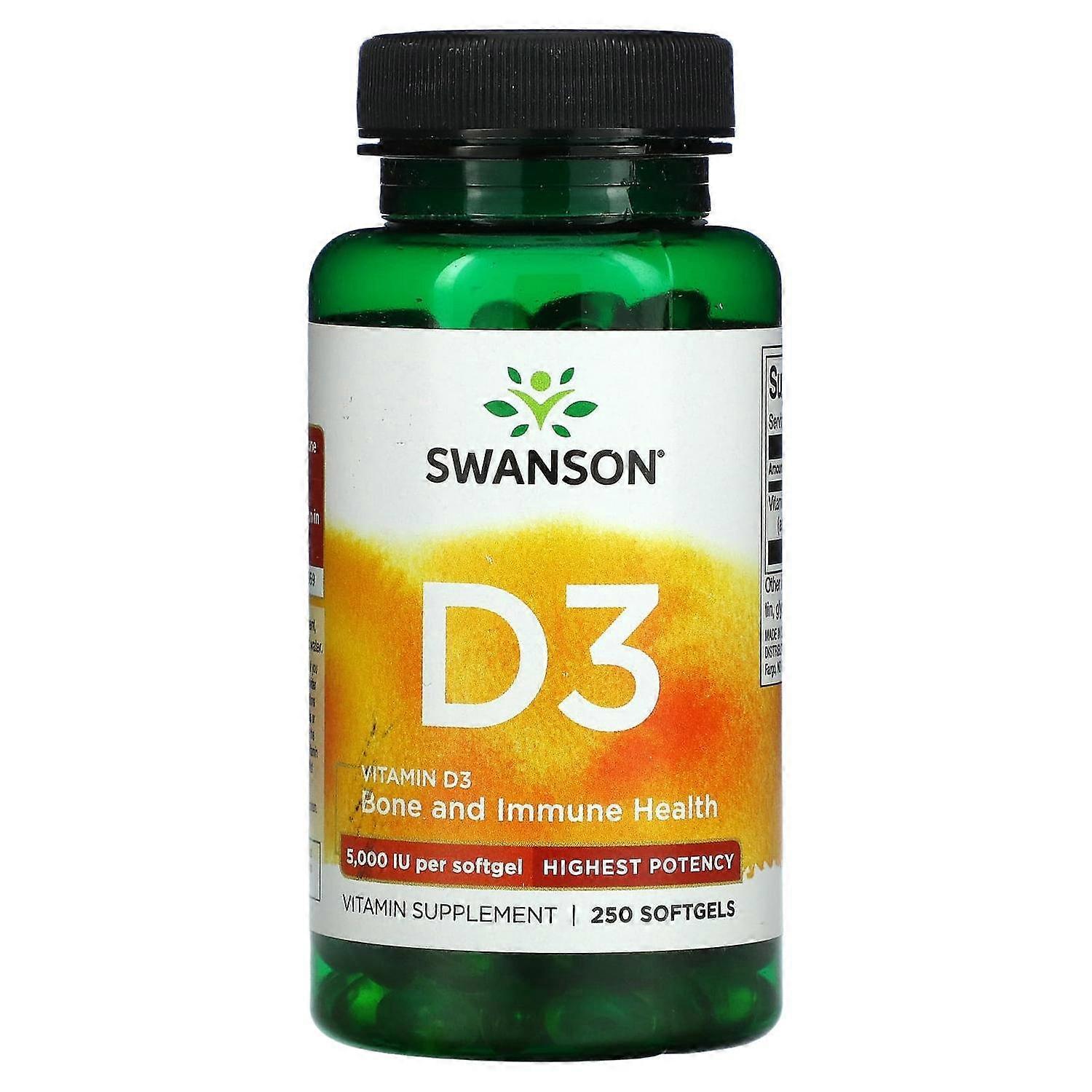 Swanson, Vitamin D3, Bone and Immune, Highest Potency, 5,000 IU, 250 Softgels