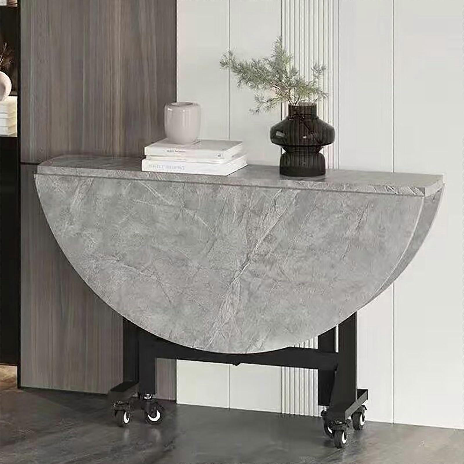 Space Saving Folding Dining Table With Wheels Round Drop Leaf L120cm/47.2in Extends For 48 People Sturdy Metal Frame