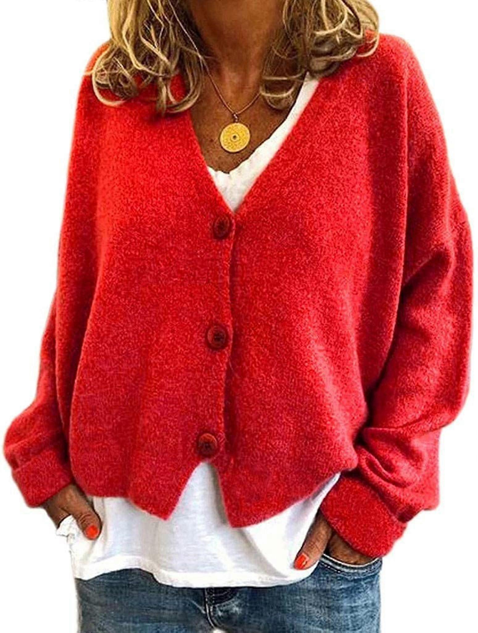 Damen Pullover Gestrickt Casual V-Ausschnitt Einfarbig Cardigan Pullover U