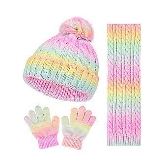 3-teiliges Set Kindermütze, Schal und Handschuhe in Regenbogenfarben mit Plüschbommel-Dekoration, gestrickte Mütze, winddichter Schal und Handschuhe