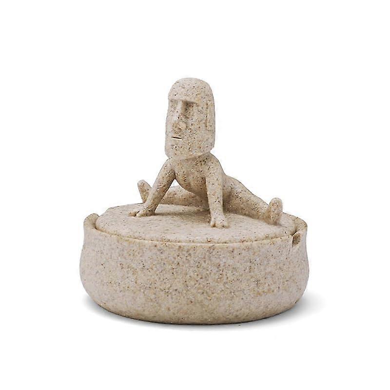 Stone Ashtray with Lid for Cigarettes, Easter Island Statue Design, Sandstone Color Smoking Accessory