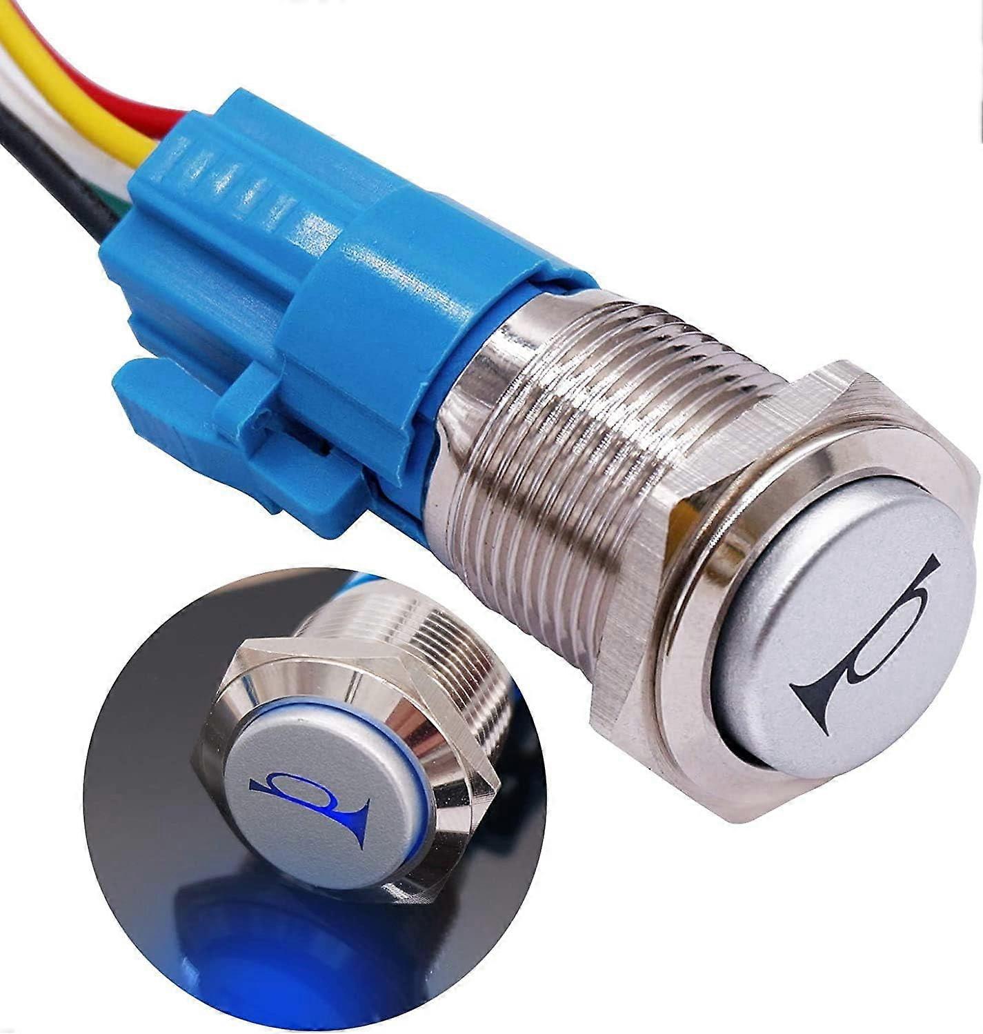 Car Horn Push Button with Blue LED Lighted Momentary Metal Switch for Easy Installation in Wet or Dusty Environments, Not to be Immersed in