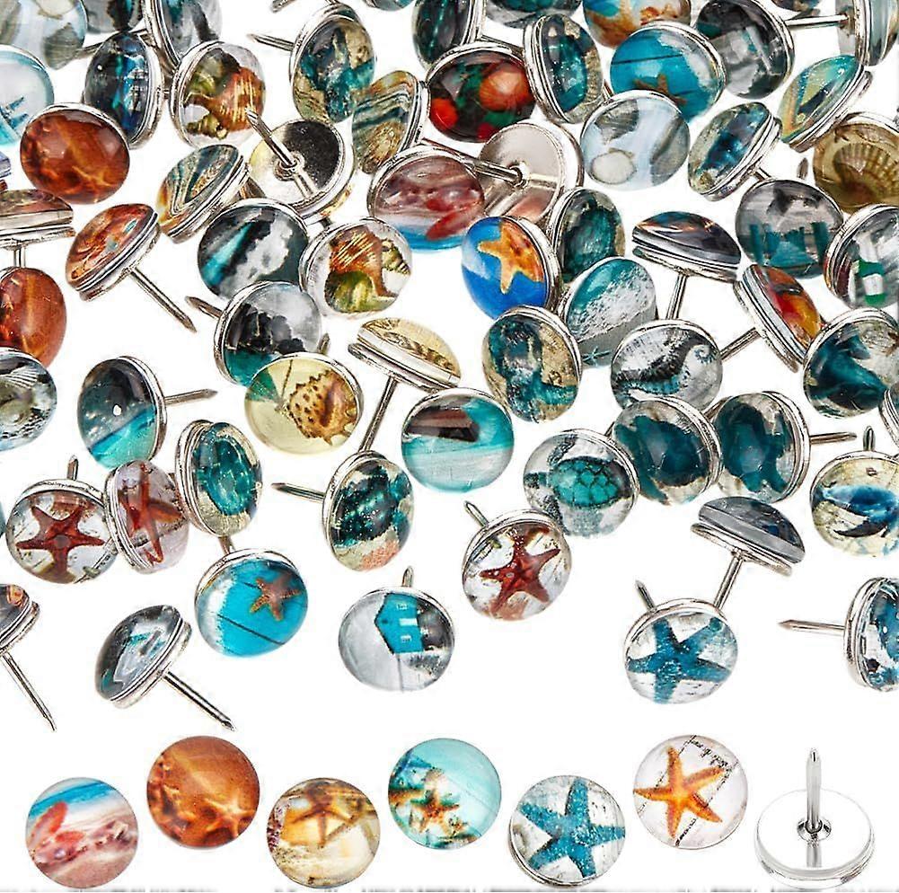 100pcs 50 Styles Ocean Theme Thumb Tacks 10mm Push Pins Decorative Thumbtacks Half Round Iron Drawing Pins for Map Corkboard Bulletin Board Calendar P