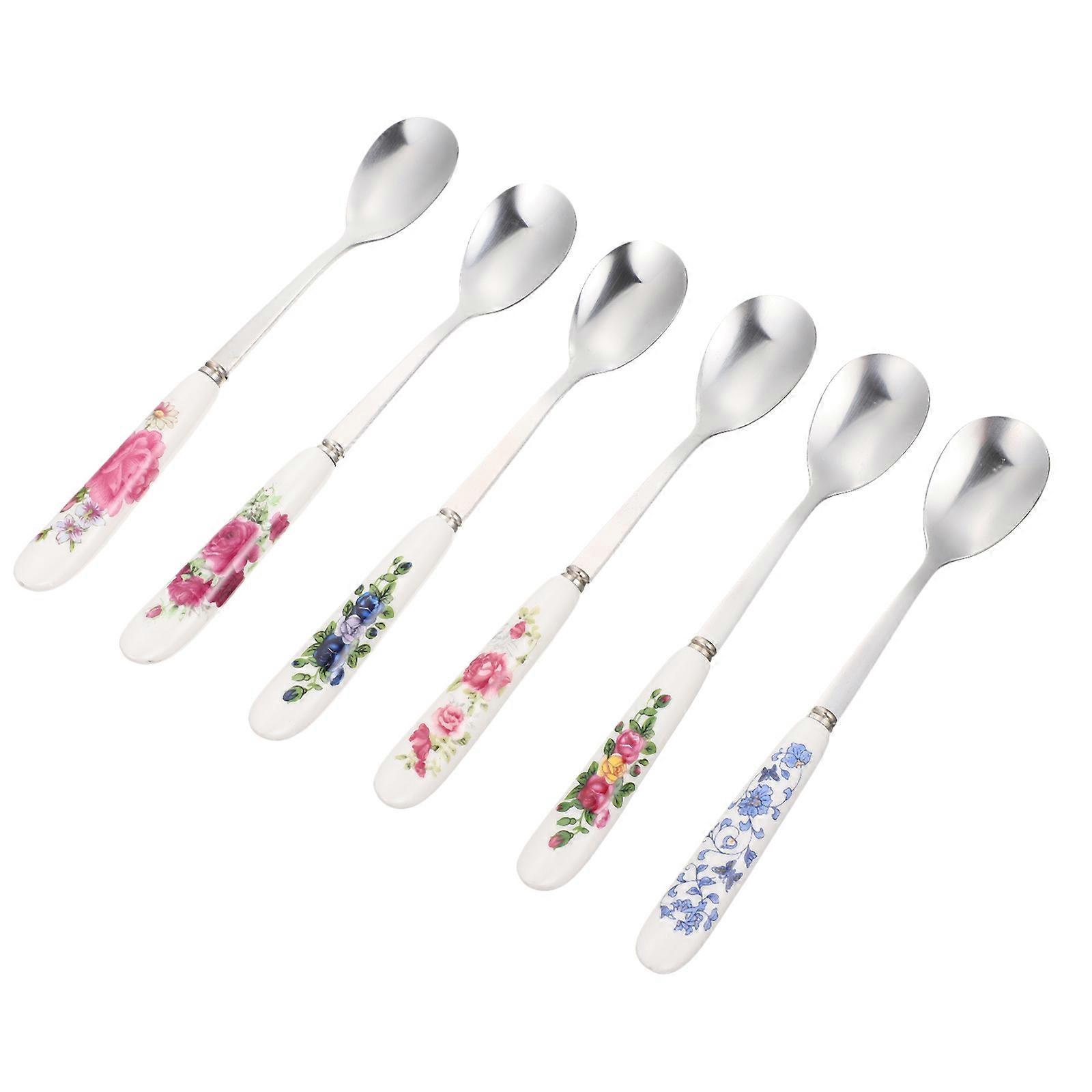 6Pcs Ceramic Handle Coffee Stirring Spoon Dessert Spoon Set for Home