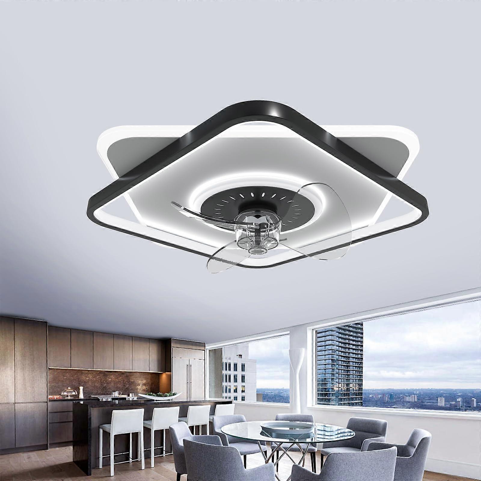 Low Profile Ceiling Fan with Light and Remote, Quiet Bladeless LED, Crystal Flush Mount, Black and White